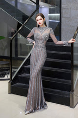 Gray Long Sleeve Mermaid Corset Prom Dresses With Sequins High-Neck Corset Prom Dresses outfit, Bridesmaid Dresses Style