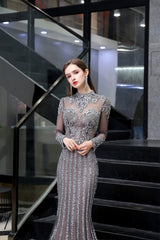 Gray Long Sleeve Mermaid Corset Prom Dresses With Sequins High-Neck Corset Prom Dresses outfit, Bridesmaids Dresses Styles