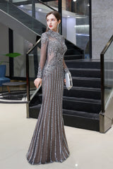Gray Long Sleeve Mermaid Corset Prom Dresses With Sequins High-Neck Corset Prom Dresses outfit, Bridesmaids Dress Styles