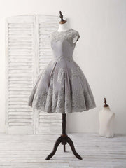 Gray Round Neck Lace Short Corset Prom Dress Gray Corset Bridesmaid Dress outfit, Elegant Wedding