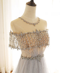 Gray Round Neck Tulle Beads Long Corset Prom Dress Forma Graduation Dresses outfit, Prom Dresses 2032