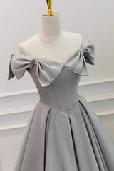 Gray Satin Floor Length Corset Formal Dress with Pearls, Cute A-Line Corset Prom Dress outfits, Bridesmaid Dress Black