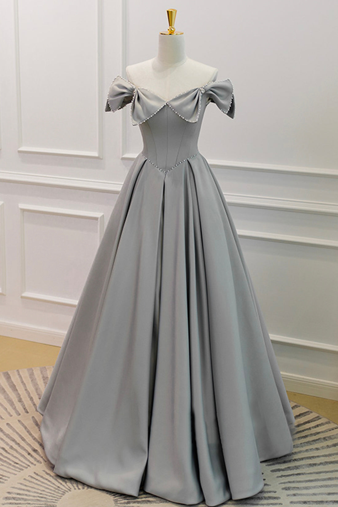 Gray Satin Floor Length Corset Formal Dress with Pearls, Cute A-Line Corset Prom Dress outfits, Engagement Photo