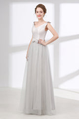 Gray Silver V Neck Tulle Corset Prom Dresses outfit, Girl Dress