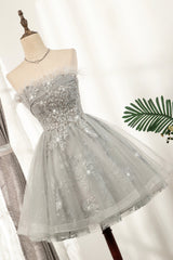 Gray Strapless Tulle Short Corset Prom Dress with Sequins, Cute A-Line Party Dress Outfits, Bridesmaides Dresses Green