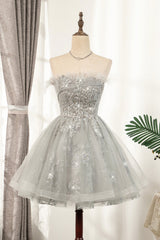 Gray Strapless Tulle Short Corset Prom Dress with Sequins, Cute A-Line Party Dress Outfits, Bridesmaid Dresses 2033