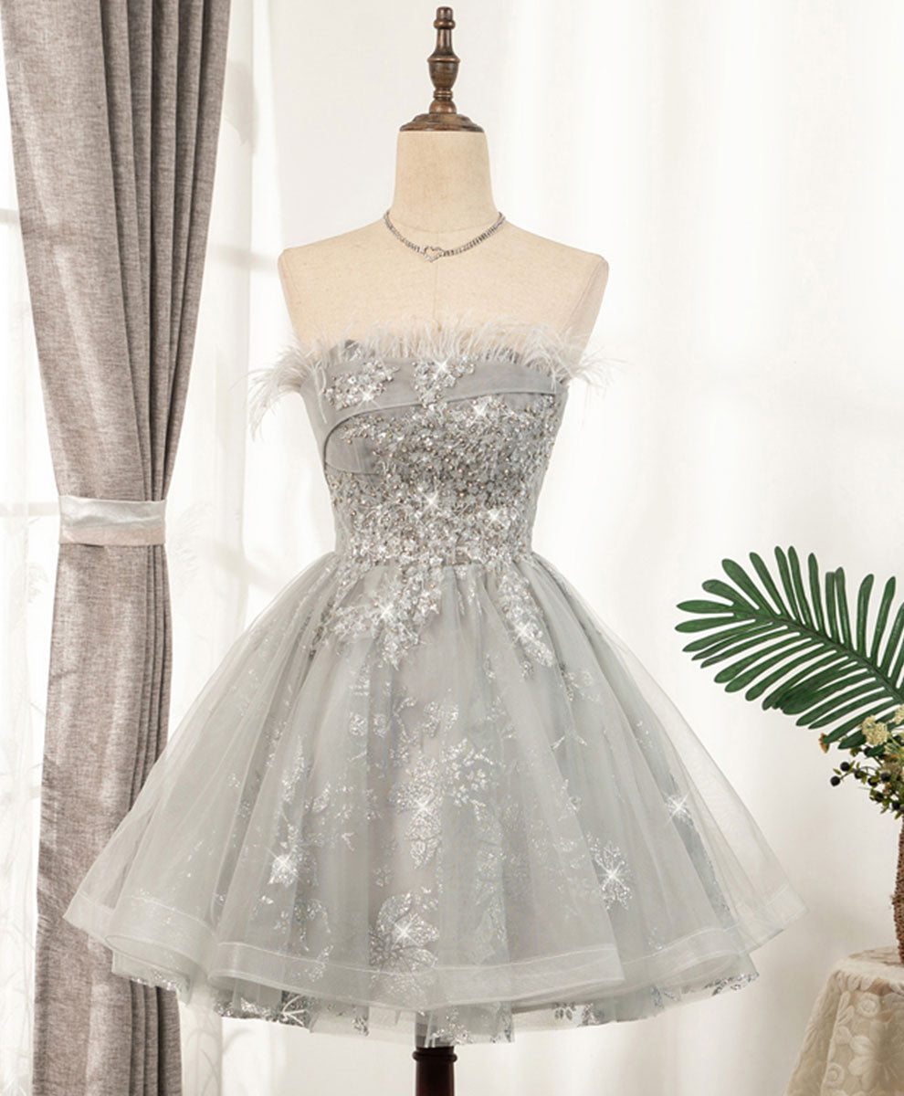 Gray Sweetheart Lace Tulle Short Corset Prom Dress Gray Corset Homecoming Dress outfit, Homecoming Dresses For Kids