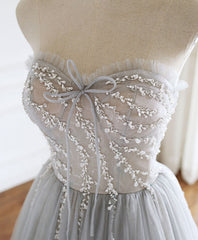 Gray Sweetheart Tulle Beads Long Corset Prom Dress Gray Tulle Corset Formal Dress outfit, Prom Dresses Designs