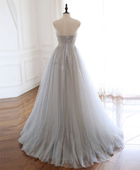 Gray Sweetheart Tulle Beads Long Corset Prom Dress Gray Tulle Corset Formal Dress outfit, Prom Dress Designs