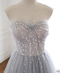 Gray Sweetheart Tulle Beads Long Corset Prom Dress Gray Tulle Corset Formal Dress outfit, Prom Dresses Website