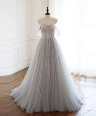 Gray Sweetheart Tulle Beads Long Corset Prom Dress Gray Tulle Corset Formal Dress outfit, Prom Dresses Designers