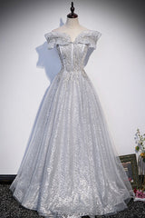 Gray Tulle Beaded Long A-Line Corset Prom Dress, Cute Evening Party Dress Outfits, Blue Prom Dress