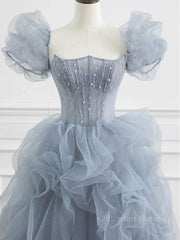 Gray tulle beads long Corset Prom dress, gray tulle Corset Formal dress outfit, Prom Dresses With Slits