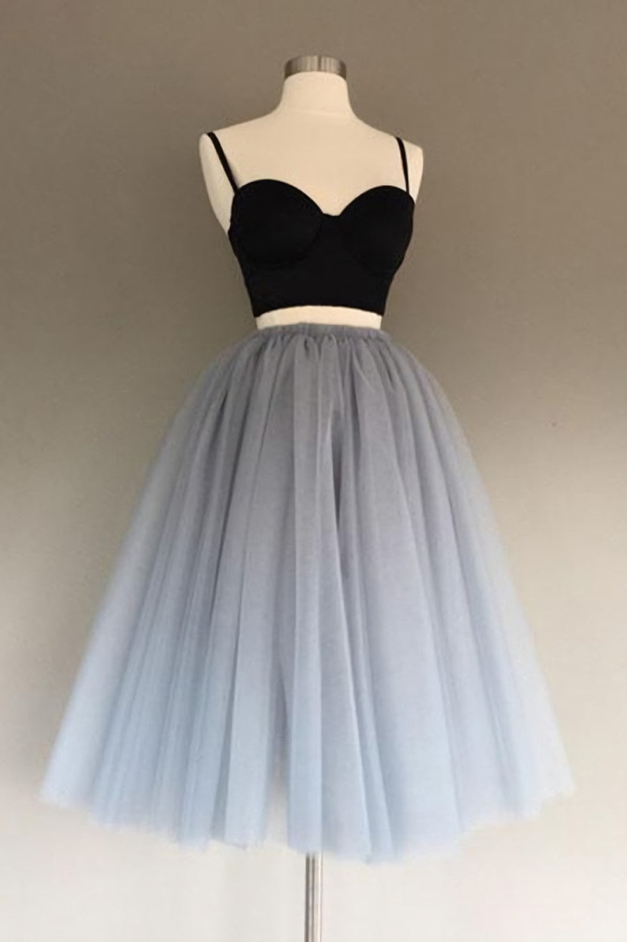 Gray Tulle Charming A-Line Two-Piece Short Corset Homecoming Dress,Cocktail Dress outfit, Prom Dresses Open Back