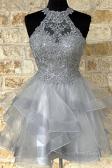 Gray tulle lace high neck short Corset Prom dress gray Corset Homecoming dress outfit, Prom Dress Elegent