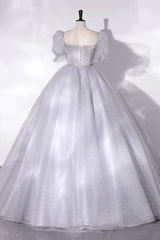 Gray Tulle Long A-Line Corset Ball Gown, Gray Short Sleeve Evening Gown outfits, Homecomming Dress With Sleeves