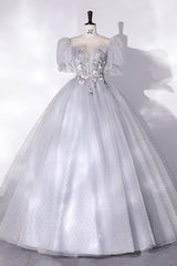 Gray Tulle Long A-Line Corset Ball Gown, Gray Short Sleeve Evening Gown outfits, Homecomeing Dresses Bodycon