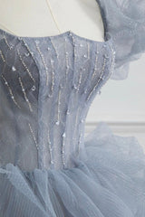 Gray Tulle Long A-Line Corset Prom Dress, Gray Short Sleeve Evening Dress outfit, Party Dresses For Teenage Girls