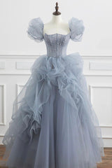 Gray Tulle Long A-Line Corset Prom Dress, Gray Short Sleeve Evening Dress outfit, Party Dresses For Teenage Girl