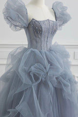 Gray Tulle Long A-Line Corset Prom Dress, Gray Short Sleeve Evening Dress outfit, Party Dress For Teenage Girl