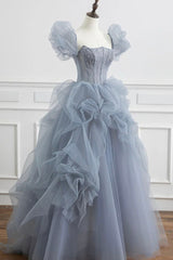 Gray Tulle Long A-Line Corset Prom Dress, Gray Short Sleeve Evening Dress outfit, Party Dresses For Summer