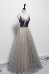 Gray Tulle Long A-Line Corset Prom Dress, V-Neck Spaghetti Straps Evening Dress outfit, Prom Dresses 2032 Black Girl