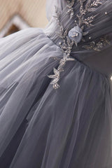 Gray Tulle Long Corset Prom Dress, Off Shoulder Evening Dress Party Dress Outfits, Bridesmaids Dresses Vintage