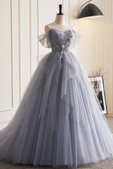 Gray Tulle Long Corset Prom Dress, Off Shoulder Evening Dress Party Dress Outfits, Bridesmaid Dress Winter