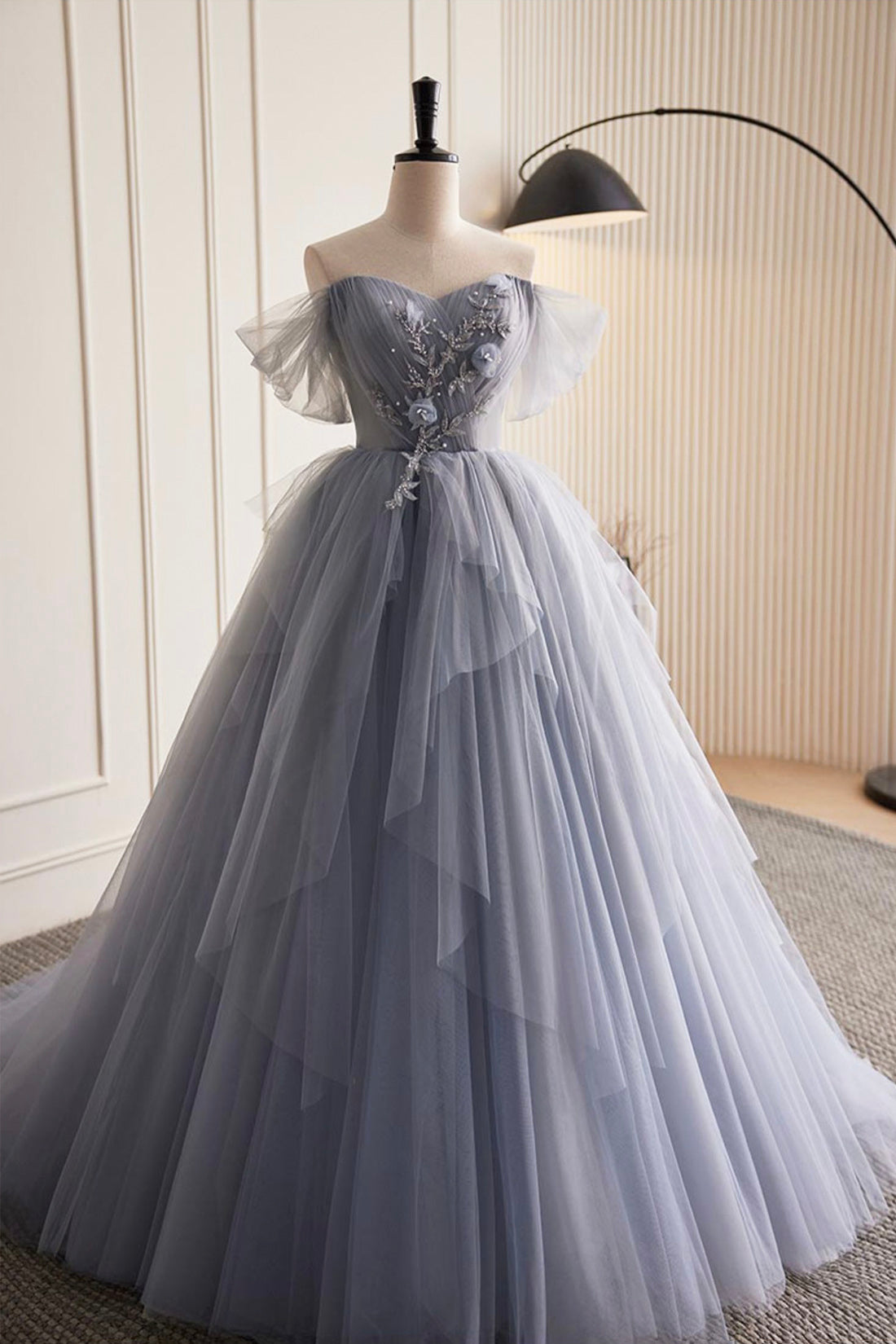 Gray Tulle Long Corset Prom Dress, Off Shoulder Evening Dress Party Dress Outfits, Bridesmaid Dresses For Winter Wedding