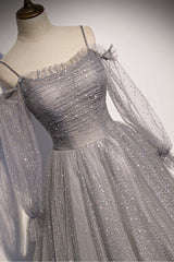Gray Tulle Long Sleeve A-Line Corset Prom Dress, Spaghetti Straps Corset Formal Evening Dress outfit, Prom Dress Cute