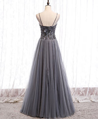 Gray Tulle Sequin Long Corset Prom Dress, Gray Tulle Corset Formal Dress with Beading Sequin Gowns, Evening Dresses Suits