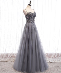 Gray Tulle Sequin Long Corset Prom Dress, Gray Tulle Corset Formal Dress with Beading Sequin Gowns, Evening Dress Gold