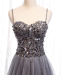 Gray Tulle Sequin Long Corset Prom Dress, Gray Tulle Corset Formal Dress with Beading Sequin Gowns, Evening Dresses Yellow