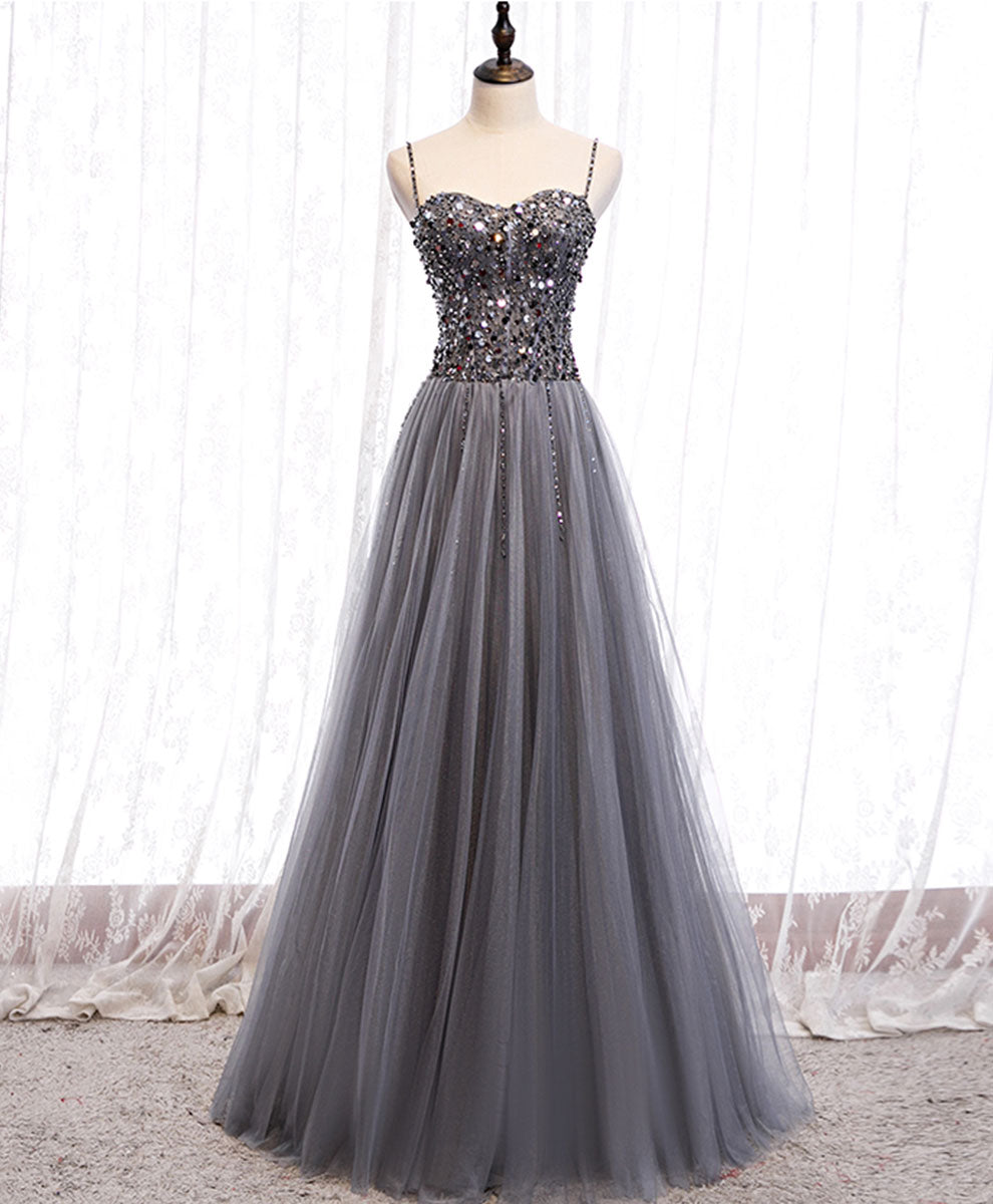 Gray Tulle Sequin Long Corset Prom Dress, Gray Tulle Corset Formal Dress with Beading Sequin Gowns, Evening Dress Suit