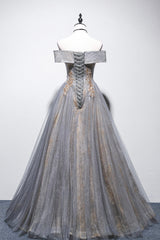 Gray Tulle Sequins Long Corset Prom Dress, Off Shoulder Evening Dress outfit, Party Dress Red Colour