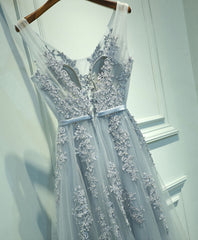 Gray V Neck Lace Tulle Long Corset Prom Dress, Lace Evening Dress outfit, Evening Dresses Store