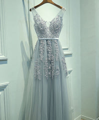 Gray V Neck Lace Tulle Long Corset Prom Dress, Lace Evening Dress outfit, Evening Dresses Short