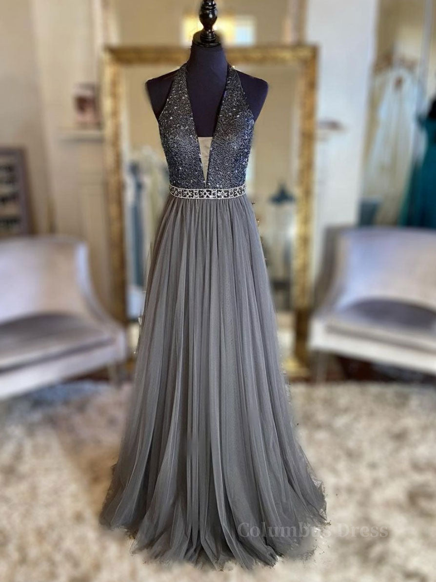 Gray v neck tulle beads long Corset Prom dress, gray tulle Corset Formal dress outfit, Homecoming Dresses Sparkle