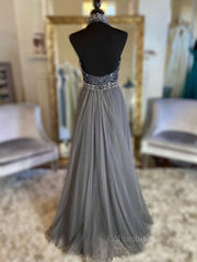 Gray v neck tulle beads long Corset Prom dress, gray tulle Corset Formal dress outfit, Homecoming Dress Sparkles