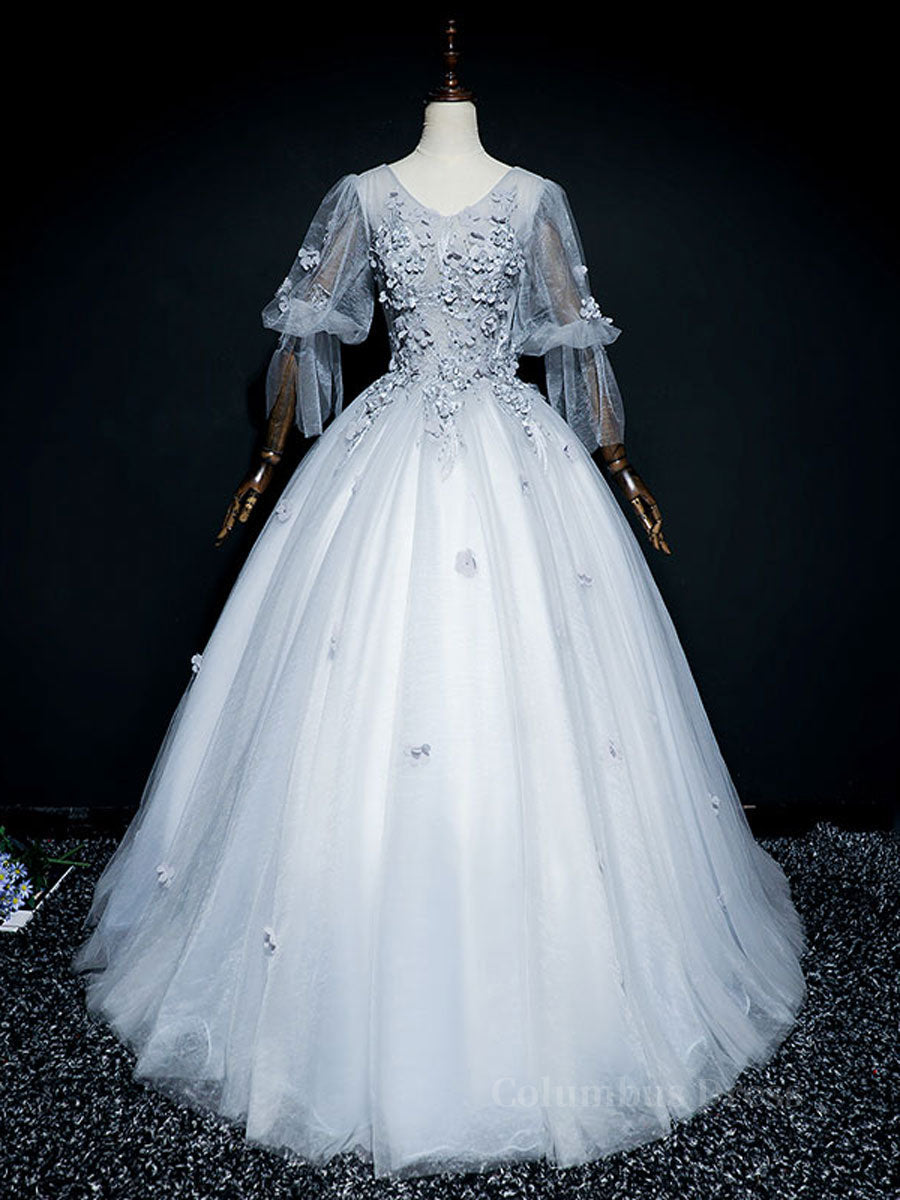 Gray v neck tulle lace long Corset Prom dress, gray tulle lace evening dress outfit, Prom Dress Vintage