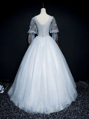 Gray v neck tulle lace long Corset Prom dress, gray tulle lace evening dress outfit, Prom Dresses Prom Dresses
