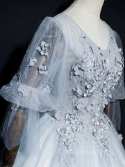 Gray v neck tulle lace long Corset Prom dress, gray tulle lace evening dress outfit, Prom Dresses Prom Dress