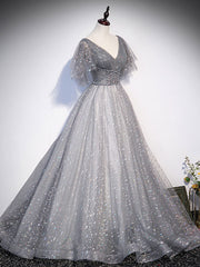 Gray V Neck Tulle Long Corset Prom Dress, Gray Tulle Sequin Evening Dress outfit, Formal Dress Stores