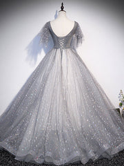 Gray V Neck Tulle Long Corset Prom Dress, Gray Tulle Sequin Evening Dress outfit, Formal Dresses Online