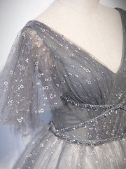 Gray V Neck Tulle Long Corset Prom Dress, Gray Tulle Sequin Evening Dress outfit, Formal Dress Ideas