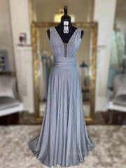 Gray v neck tulle sequin long Corset Prom dress, gray evening dress outfit, Homecoming Dresses Sparkles