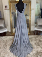 Gray v neck tulle sequin long Corset Prom dress, gray evening dress outfit, Homecoming Dresses Black