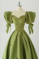 Green A-Line Long Corset Prom Dress Strawberry Lace, Lovely Short Sleeve Evening Dress outfit, Black Dress