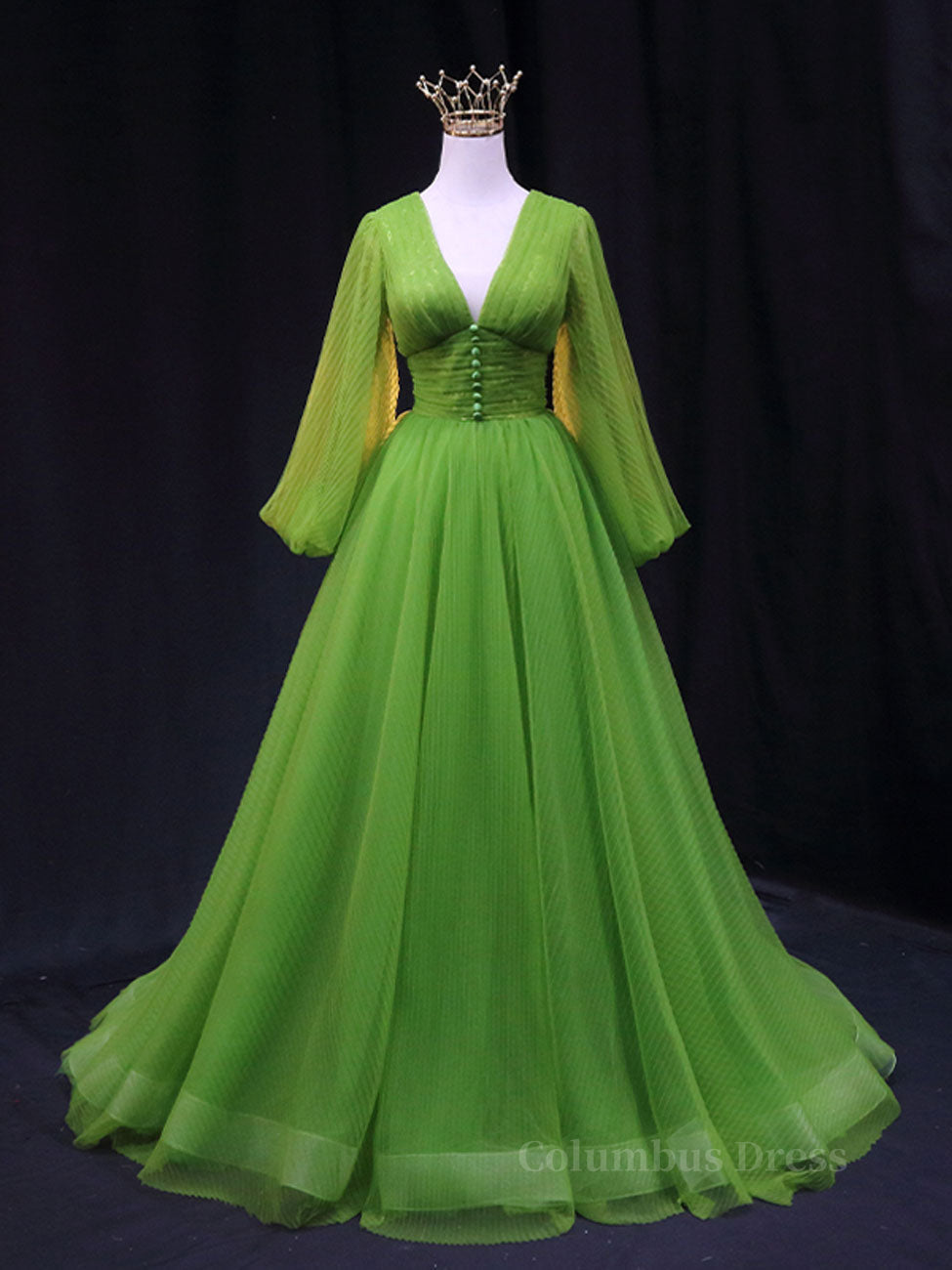 Green A Line Long Corset Prom Dresses, V Neck Green Tulle Long Corset Formal Evening Dresses outfit, Prom Dress Chicago