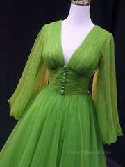 Green A Line Long Corset Prom Dresses, V Neck Green Tulle Long Corset Formal Evening Dresses outfit, Prom Dresses Chicago